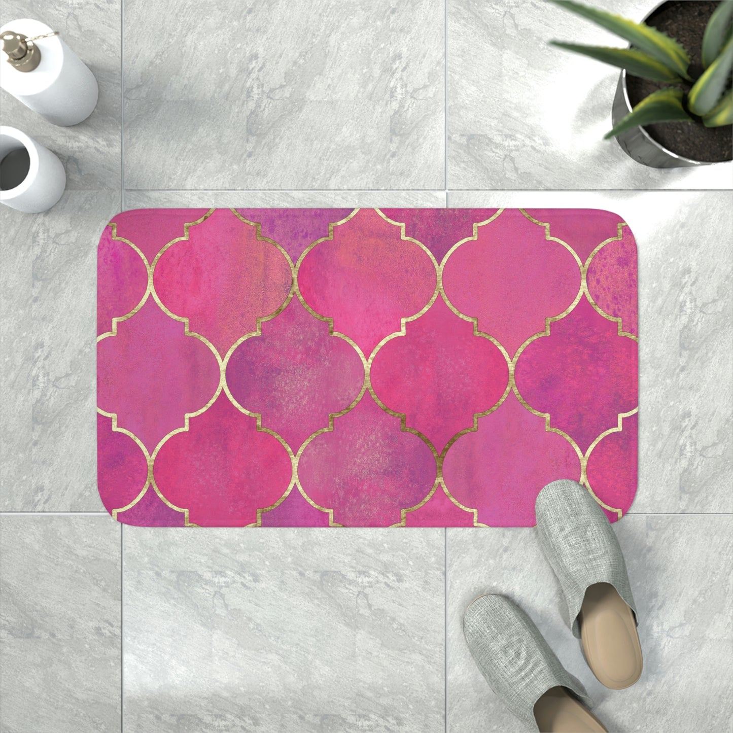 Bath Mat, Pink and Gold Moroccan Bathroom  Mat