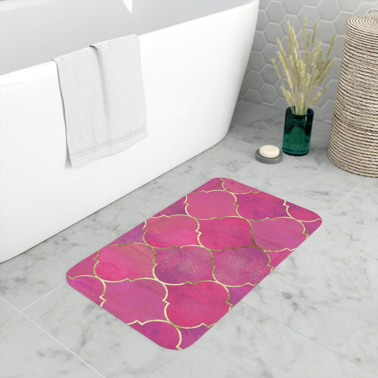 Bath Mat, Pink and Gold Moroccan Bathroom  Mat