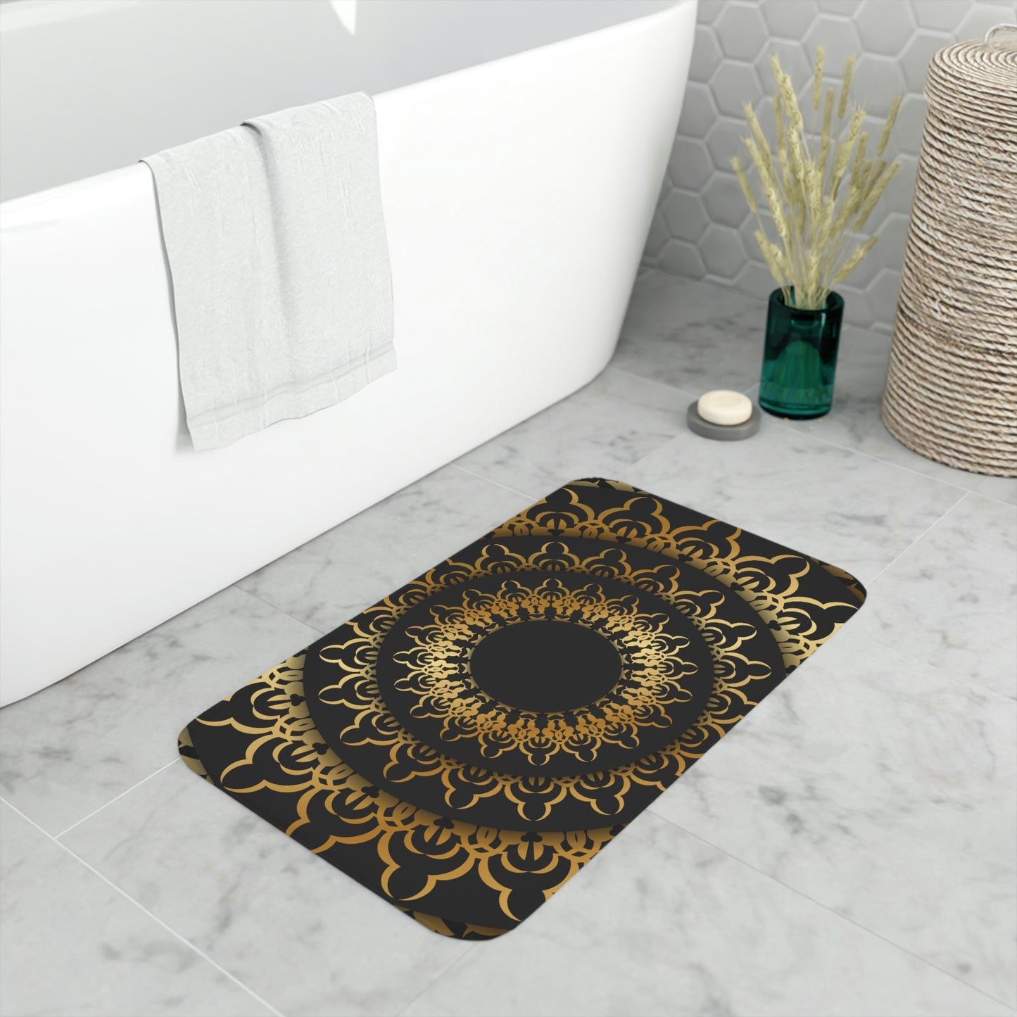 Bath Mat,  Black and Gold Mandala Bathroom Mat