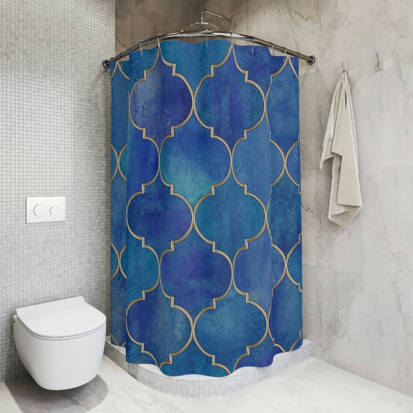 Shower Curtain, Blue and Gold Moroccan Shower curtain, Polyester Shower Curtain