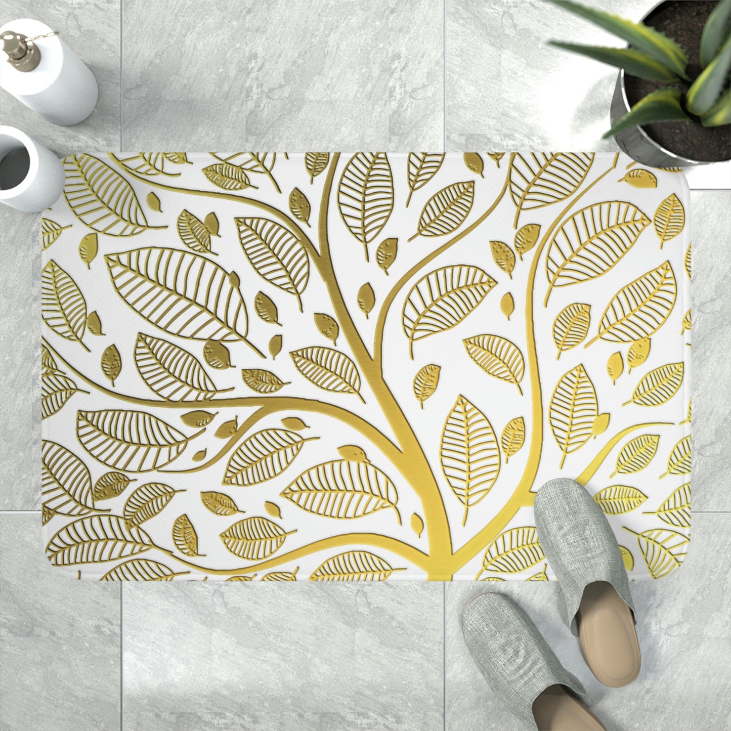 Bathmat, White and Gold Bathroom Mat, Tree of Life Bathroom Mat