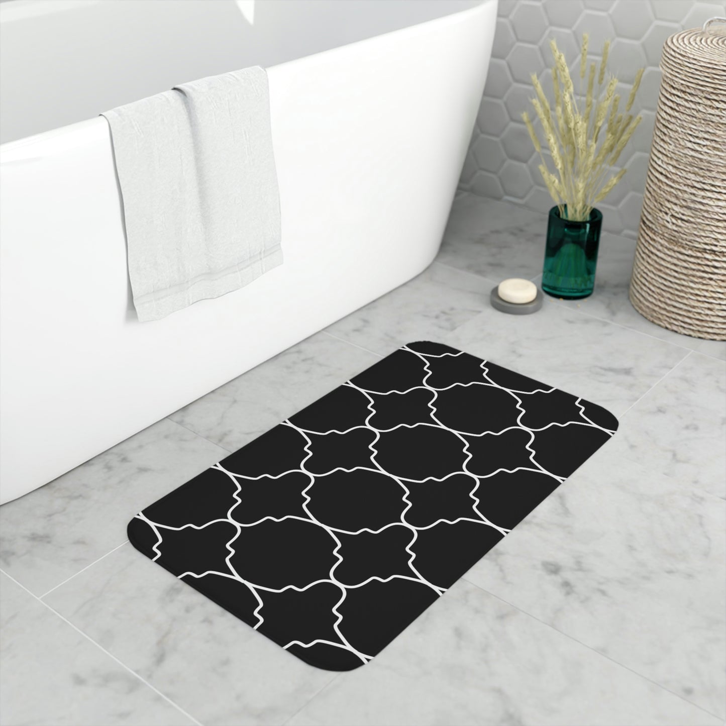 Bath Mat, Black and White Moroccan Bathroom  Mat