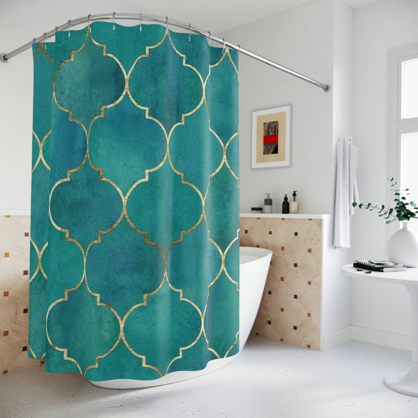 Shower Curtain, Green and Gold Moroccan Shower curtain, Polyester Shower Curtain