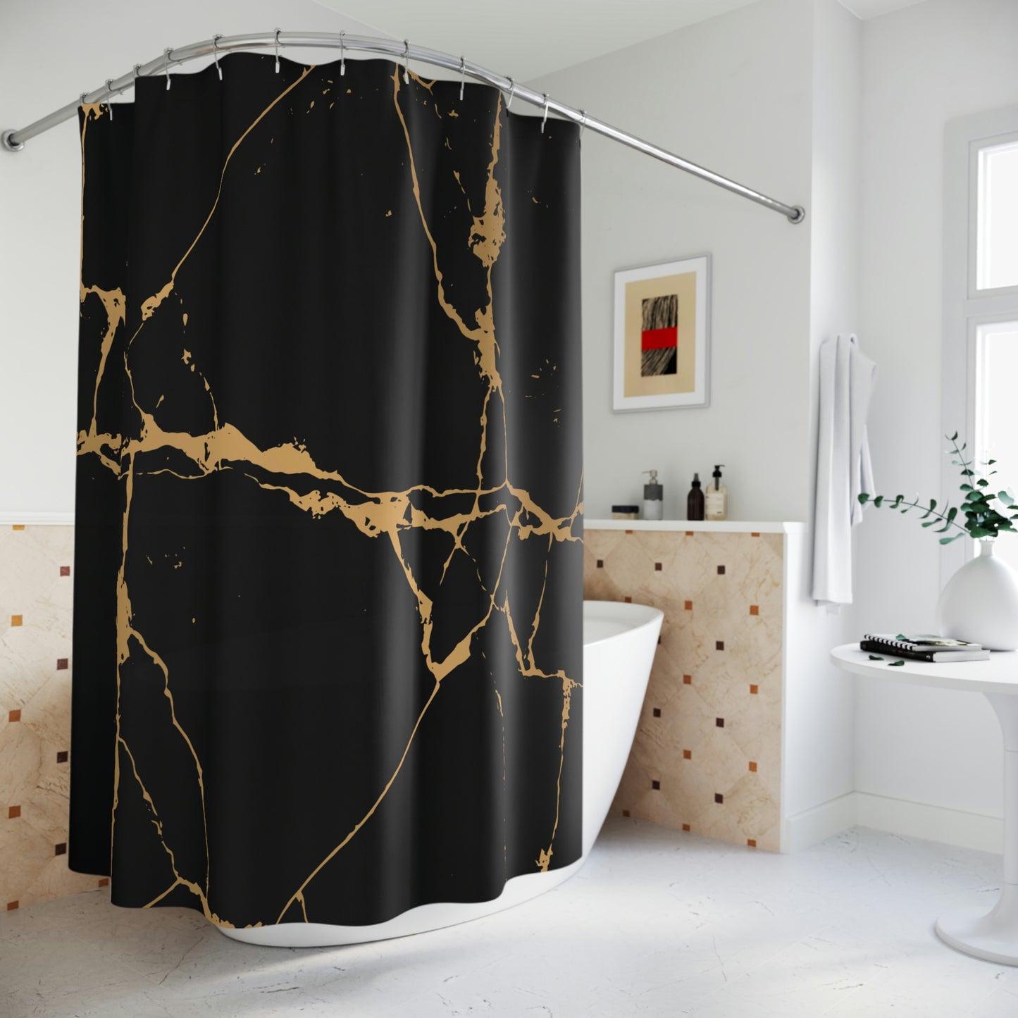 Shower Curtain, Black and Gold Marble Shower curtain, Polyester Shower Curtain