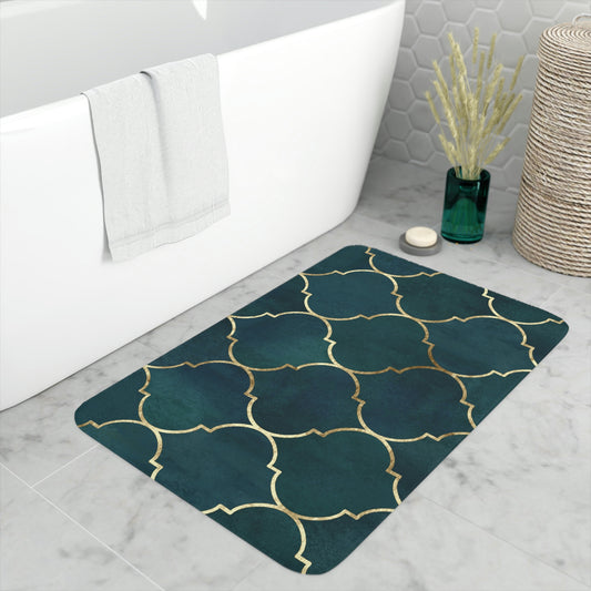 Bath Mat, Green and Gold Moroccan Bathroom  Mat