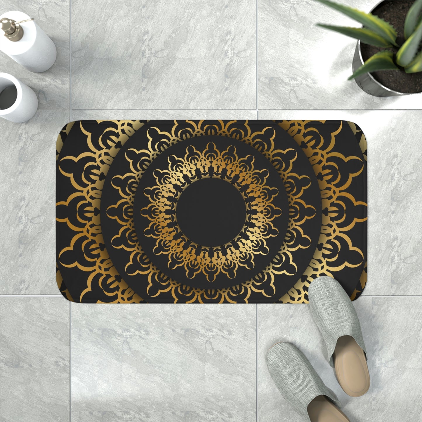 Bath Mat,  Black and Gold Mandala Bathroom Mat