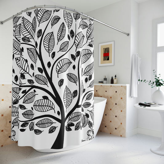 Shower Curtain, White and Black Shower curtain, Tree of Life Polyester Shower Curtain