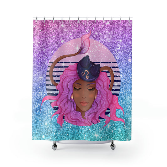 Leo African American Girl Shower Curtains 71" x74", Horoscope Polyester Shower Curtain