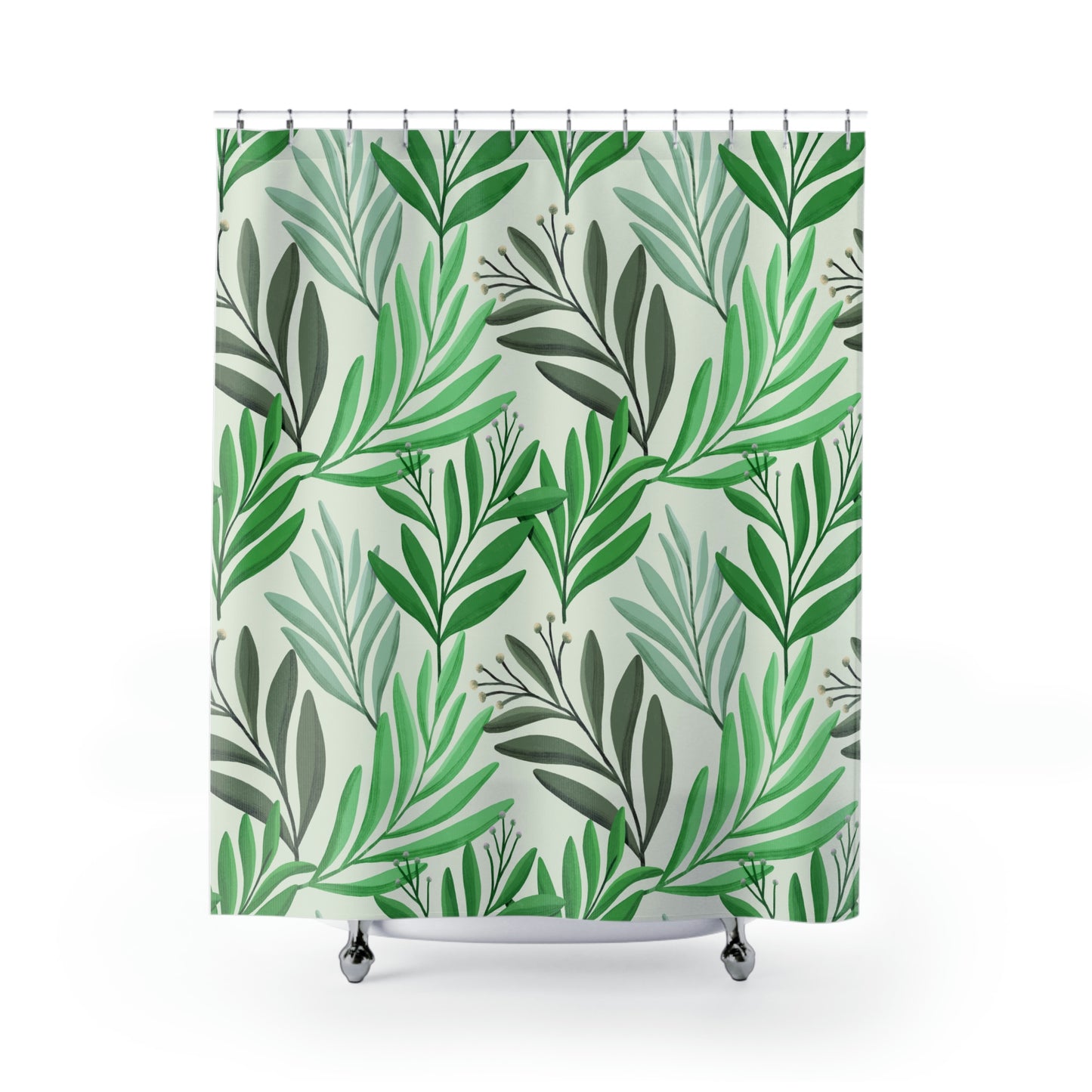 Tropical Green Leaves Shower Curtains 71"x74", Floral Green and White Polyester Shower Curtain