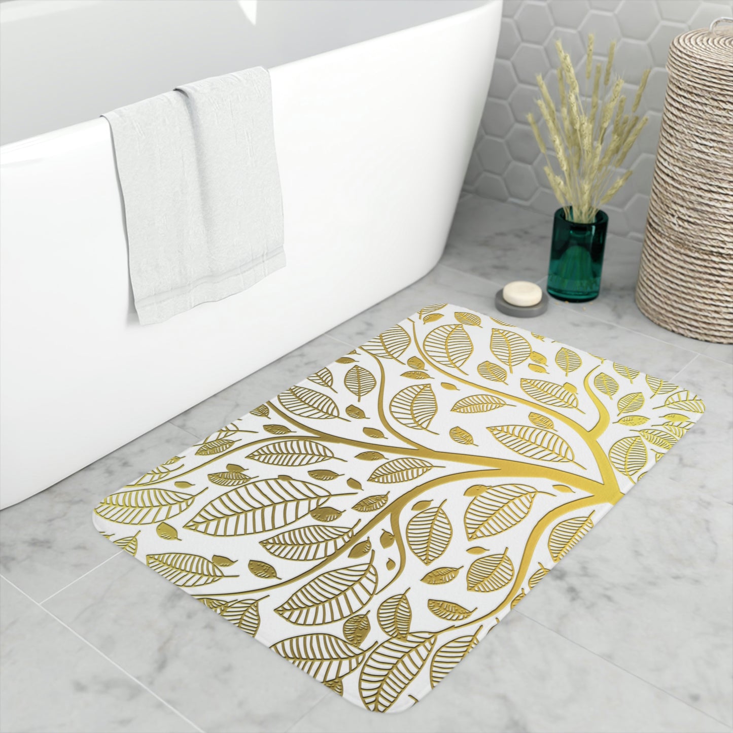 Bathmat, White and Gold Bathroom Mat, Tree of Life Bathroom Mat