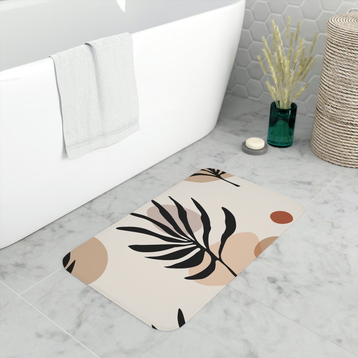 Bath Mat, Trendy Botanical Bathroom  Mat, Leaf Pattern