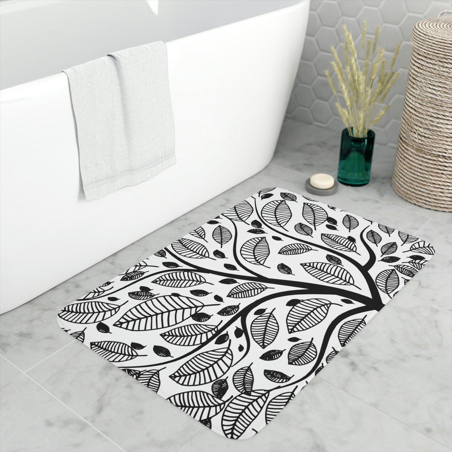 Bathmat, White and Black Bathroom Mat, Tree of Life Bathroom Mat