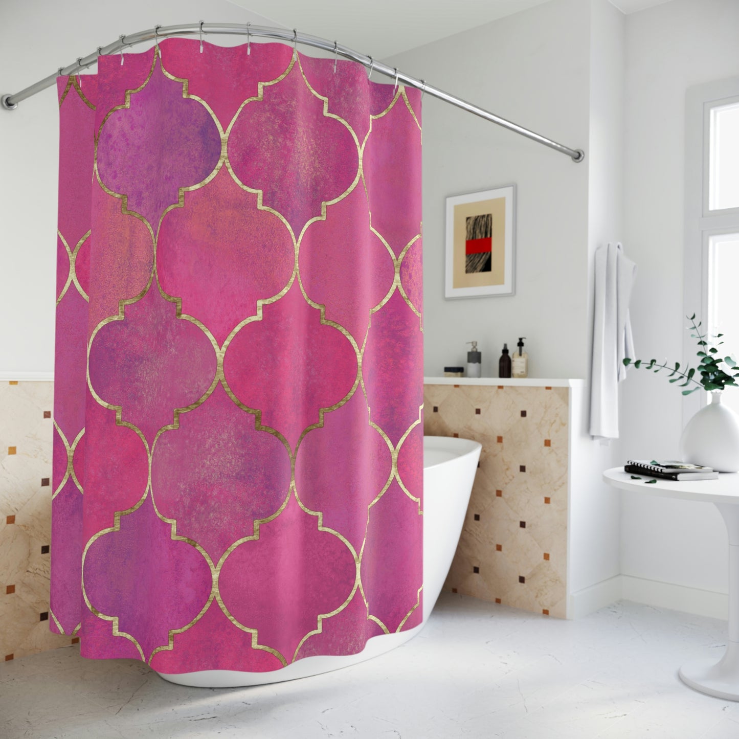 Shower Curtain, Pink and Gold Moroccan Shower curtain, Polyester Shower Curtain