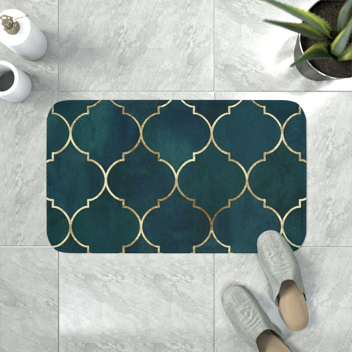 Bath Mat, Green and Gold Moroccan Bathroom  Mat