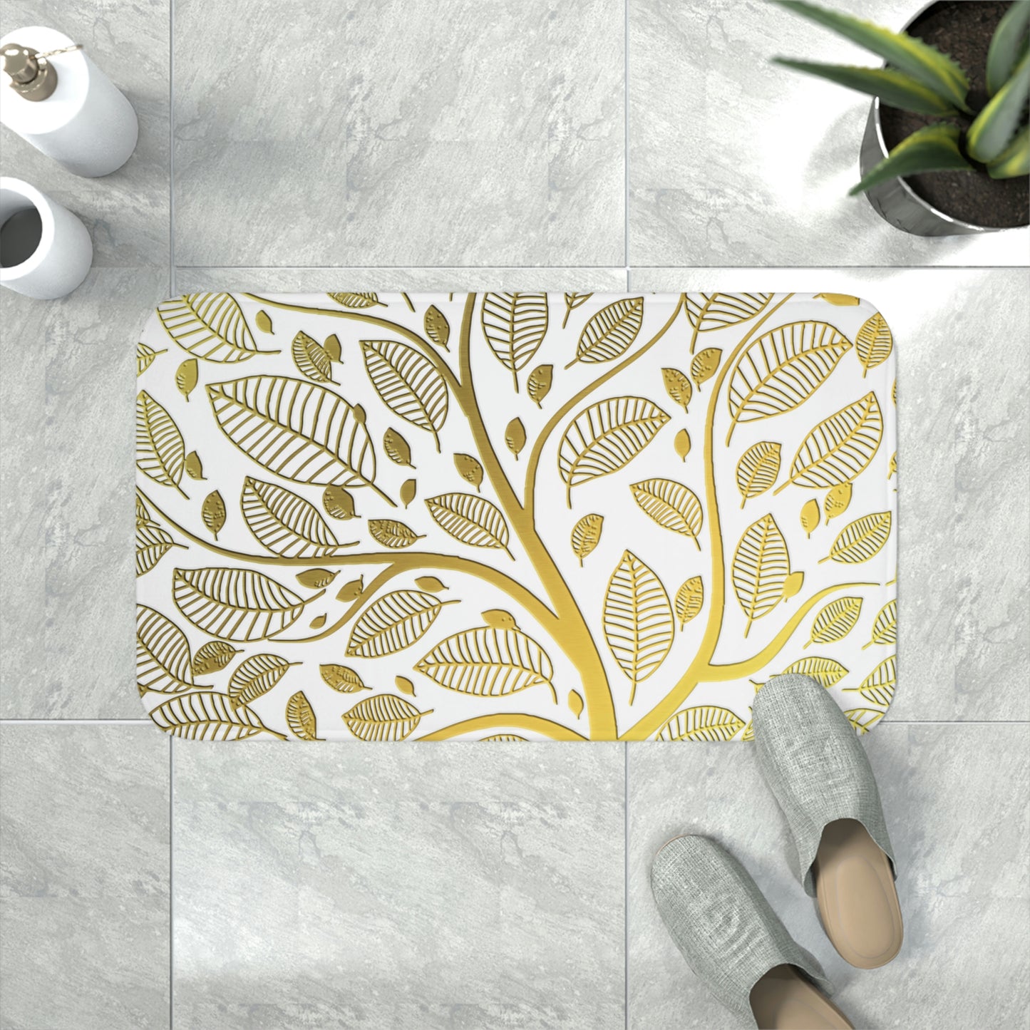 Bathmat, White and Gold Bathroom Mat, Tree of Life Bathroom Mat