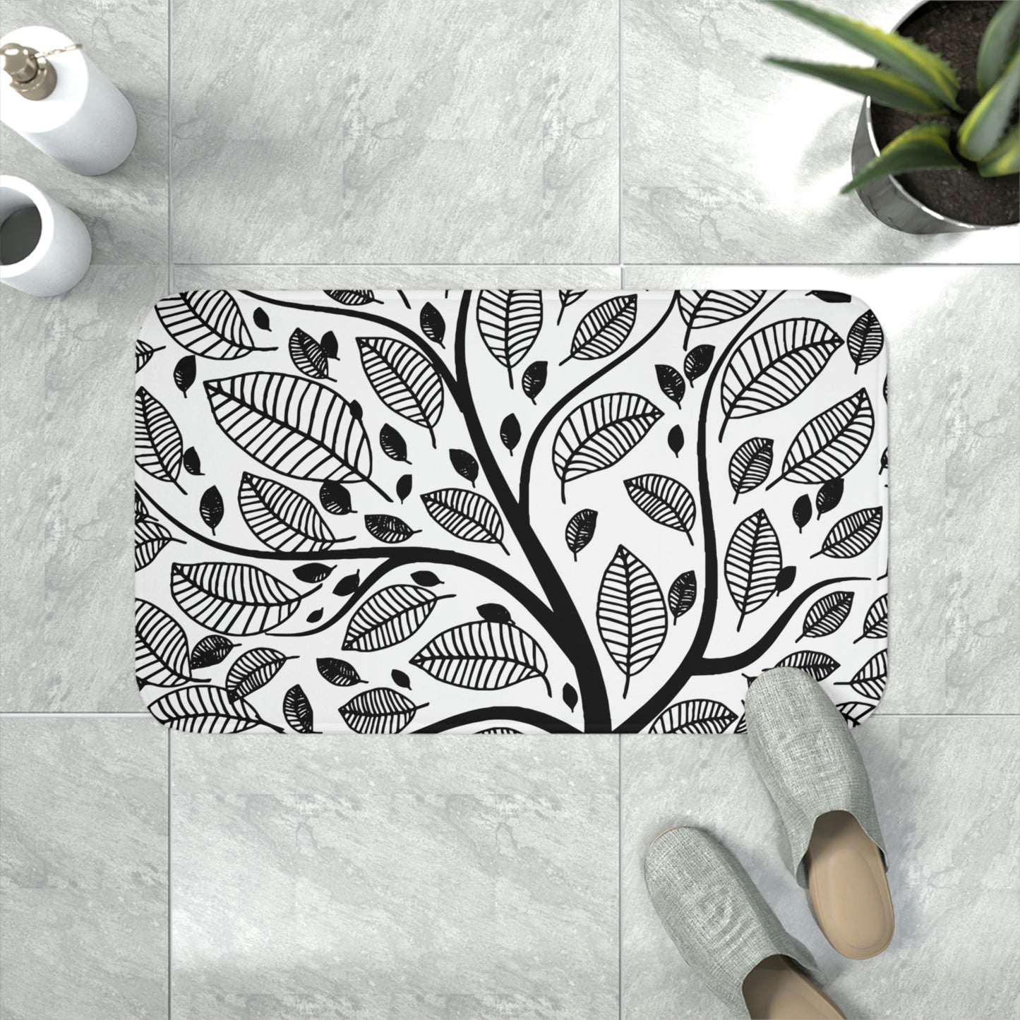 Bathmat, White and Black Bathroom Mat, Tree of Life Bathroom Mat