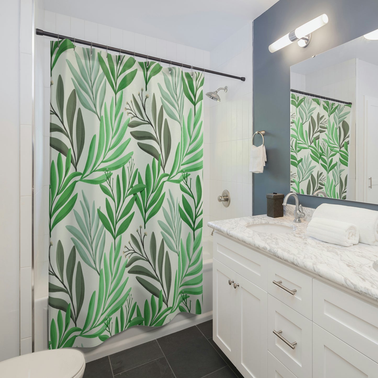 Tropical Green Leaves Shower Curtains 71"x74", Floral Green and White Polyester Shower Curtain