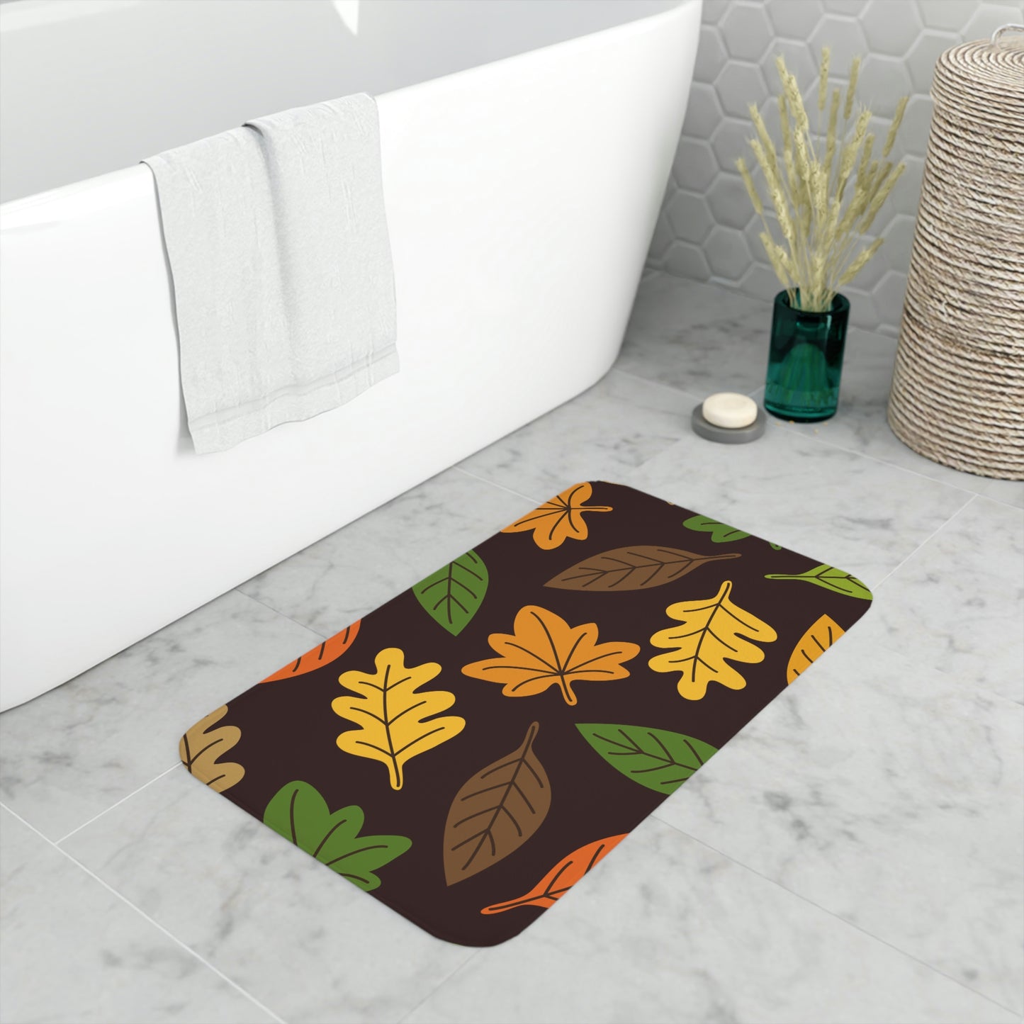 Bath Mat, Autumn Leaves Bathroom  Mat, Leaf Pattern