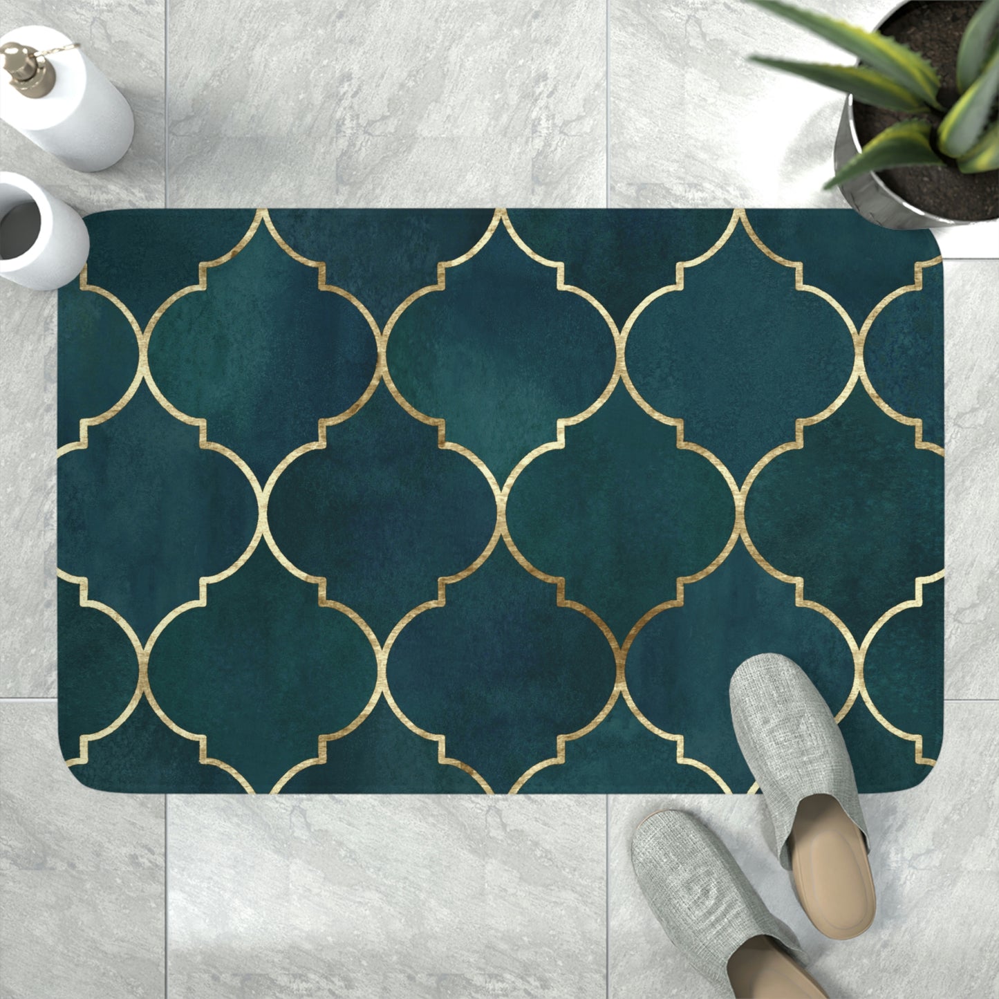 Bath Mat, Green and Gold Moroccan Bathroom  Mat