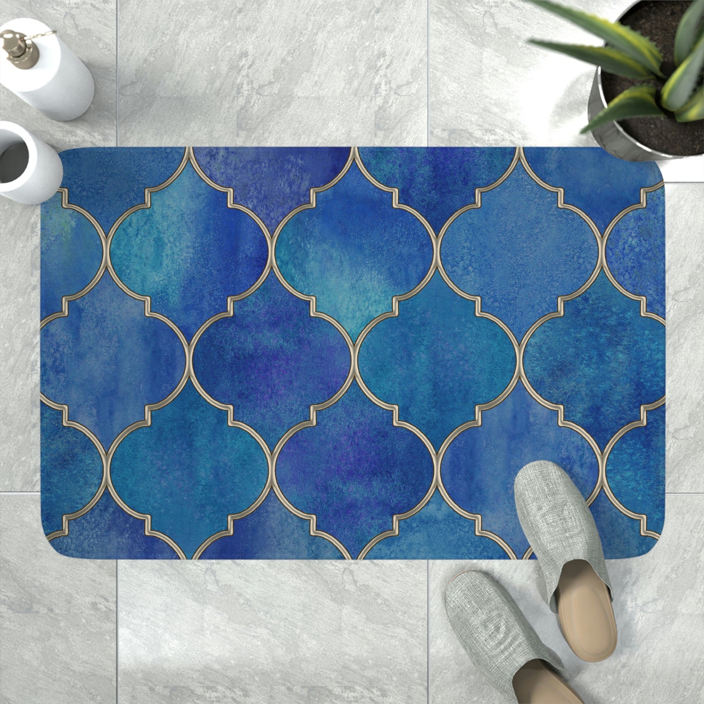 Bath Mat, Blue and Gold Moroccan Bathroom  Mat