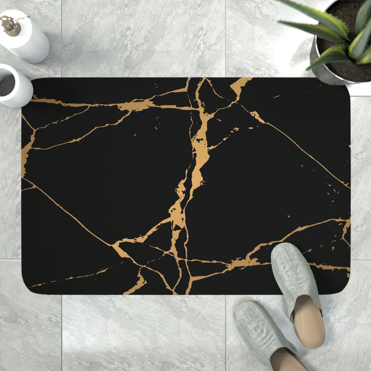 Bath Mat, Black and Gold Marble Bathroom Mat