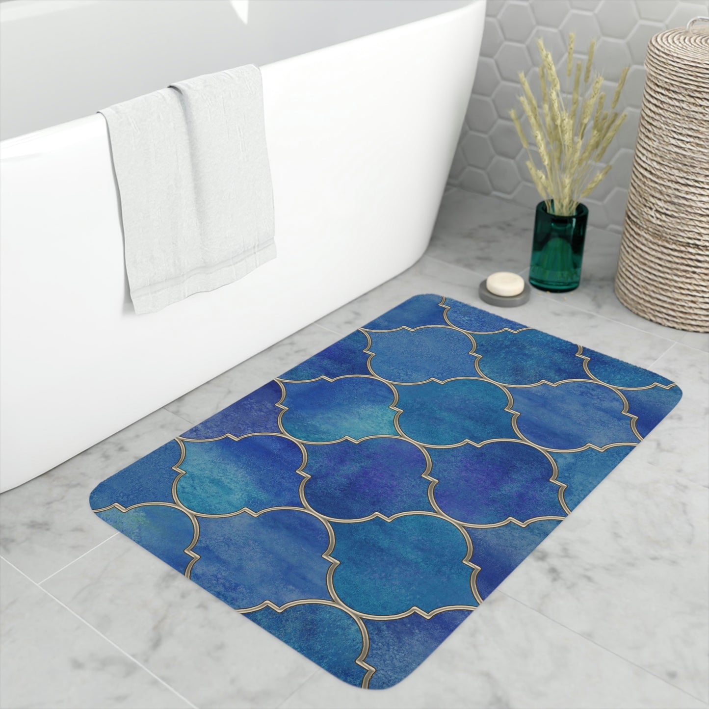 Bath Mat, Blue and Gold Moroccan Bathroom  Mat