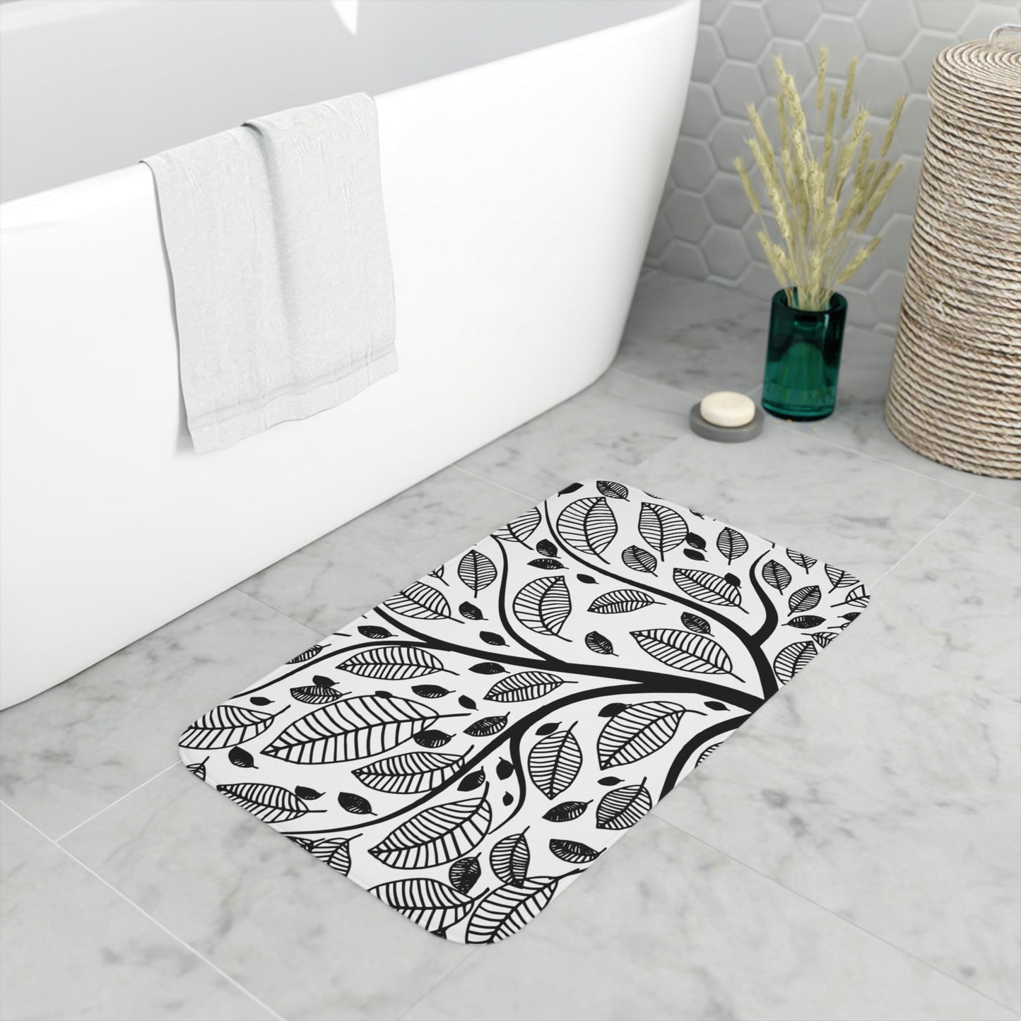 Bathmat, White and Black Bathroom Mat, Tree of Life Bathroom Mat