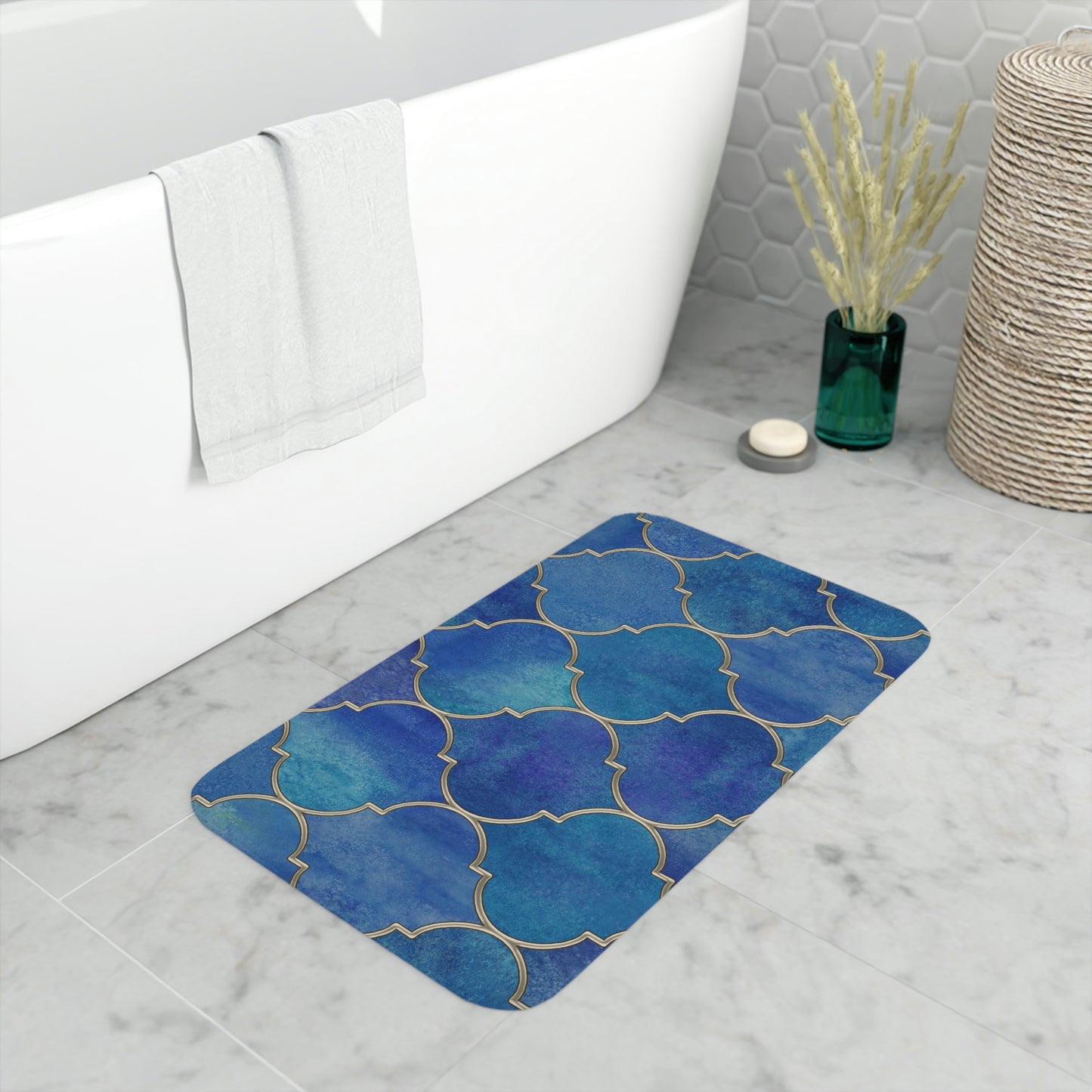 Bath Mat, Blue and Gold Moroccan Bathroom  Mat