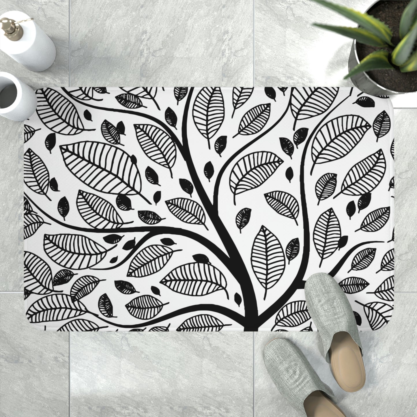 Bathmat, White and Black Bathroom Mat, Tree of Life Bathroom Mat