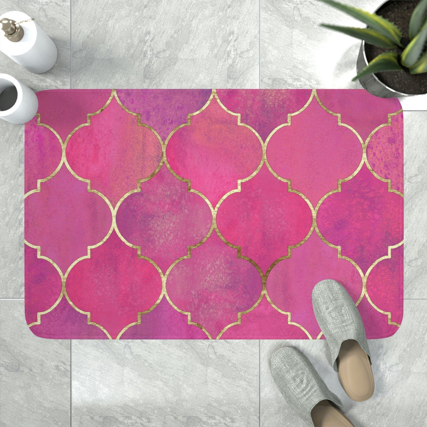 Bath Mat, Pink and Gold Moroccan Bathroom  Mat